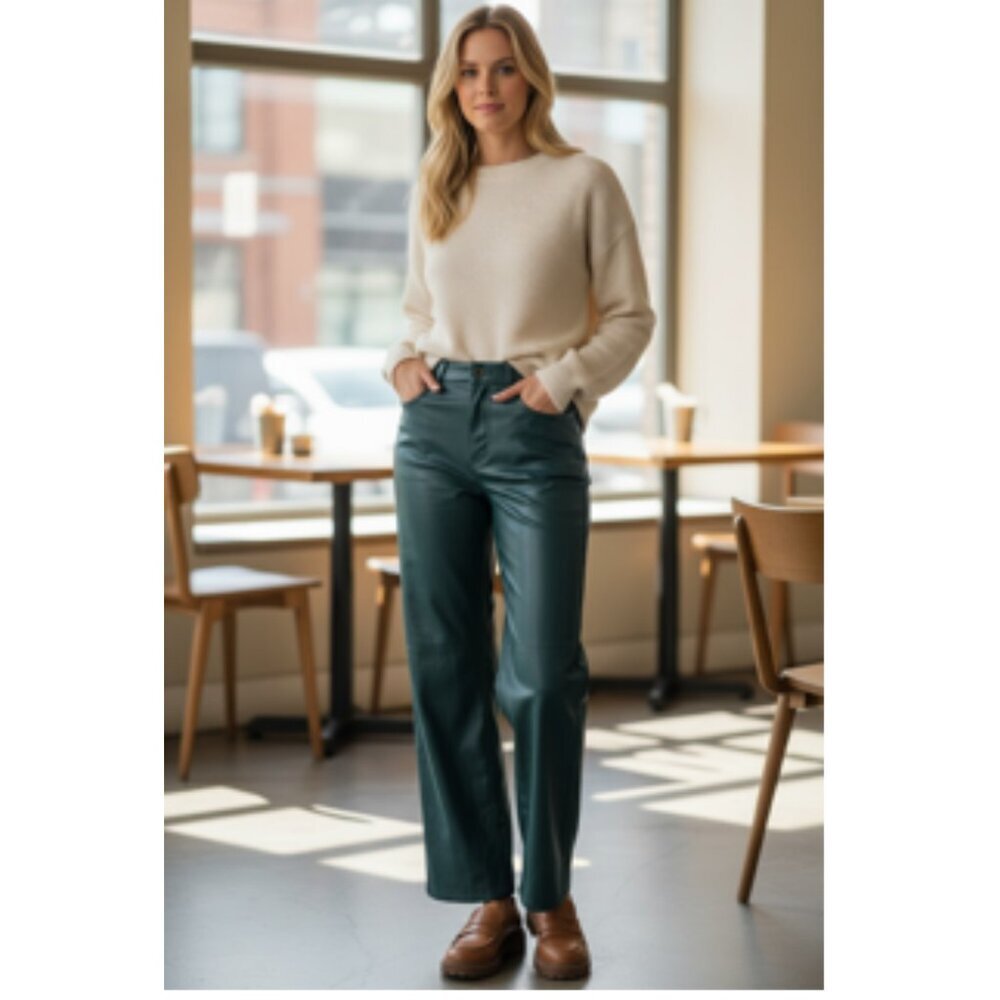 ZARA VEGAN GREEN MOSS WIDE LEG FAUX LEATHER JEANS MEDIUM SIZE‎ 6 WOMEN'S